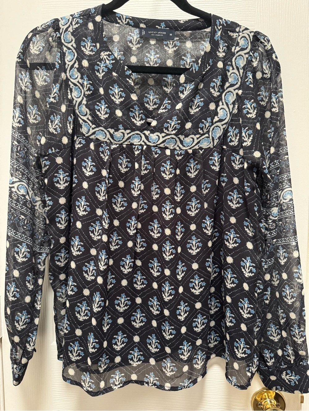 Lucky Brand Navy and Light Blue Printed Peasant Top